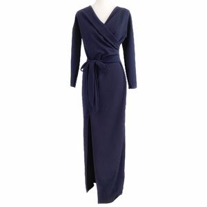 BOOHOO NAVY SURPLICE RUCHED WAISTED BELTED LONG SLEEVE SLIT LONG EVENING DRESS